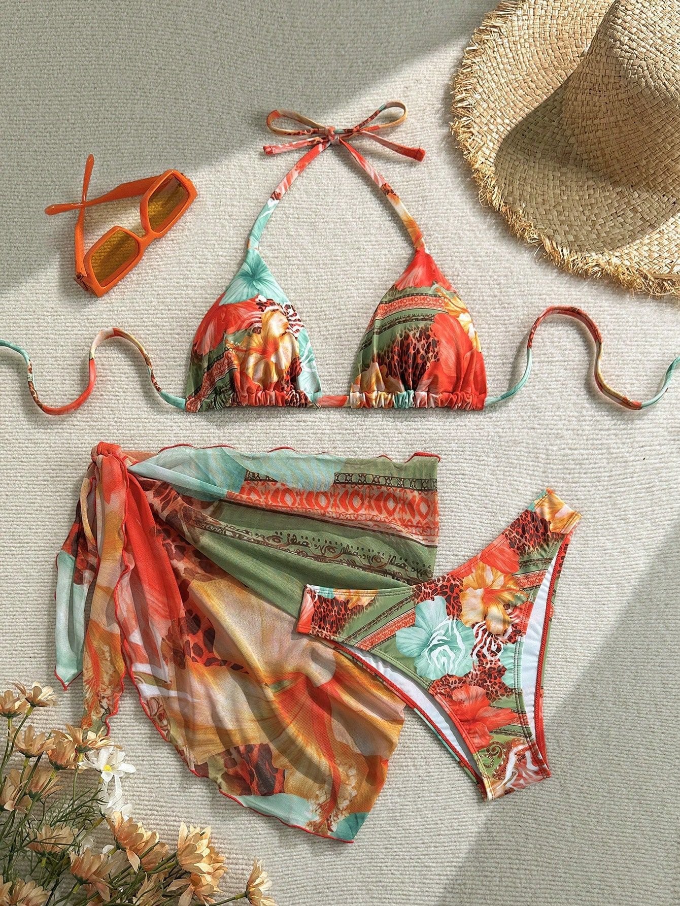 Floral Tie Strap Bikini Set
